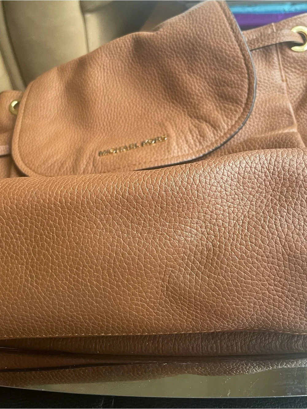 Michael Kors Brown Pebbled Leather Drawstring Backpack with Signature Wallet